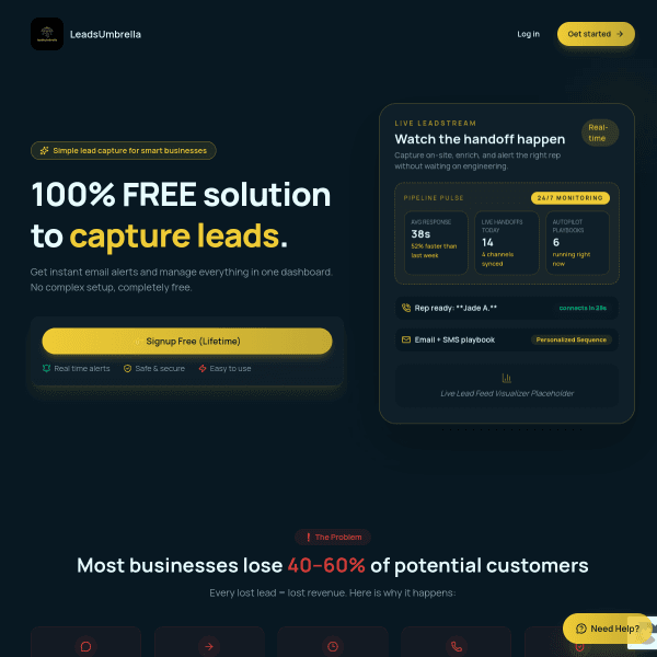 LeadsUmbrella website and product screenshot preview.