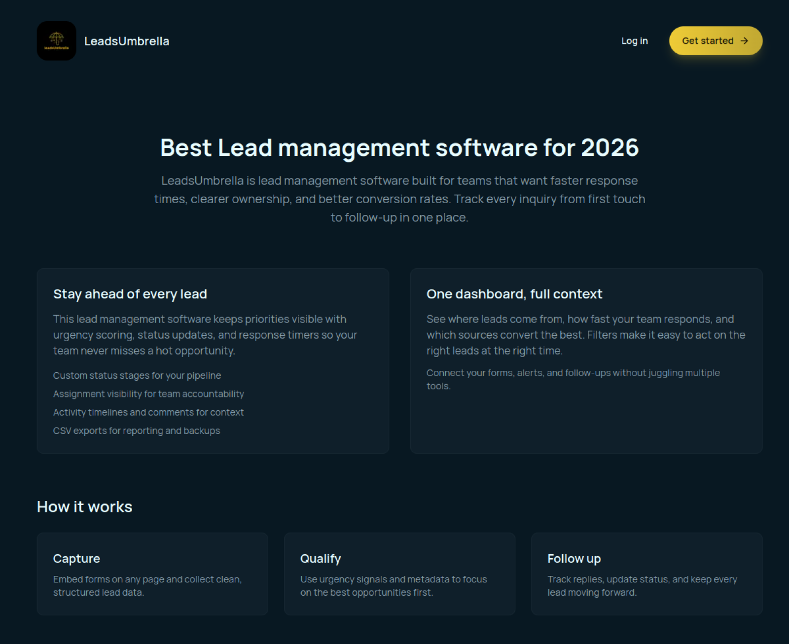 LeadsUmbrella website and product screenshot preview.